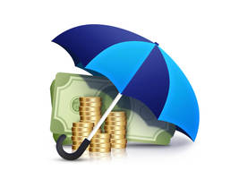 Sombrilla, billetes y monedas PSD