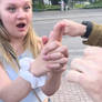 Finnish blonde woman street hypnosis demonstration
