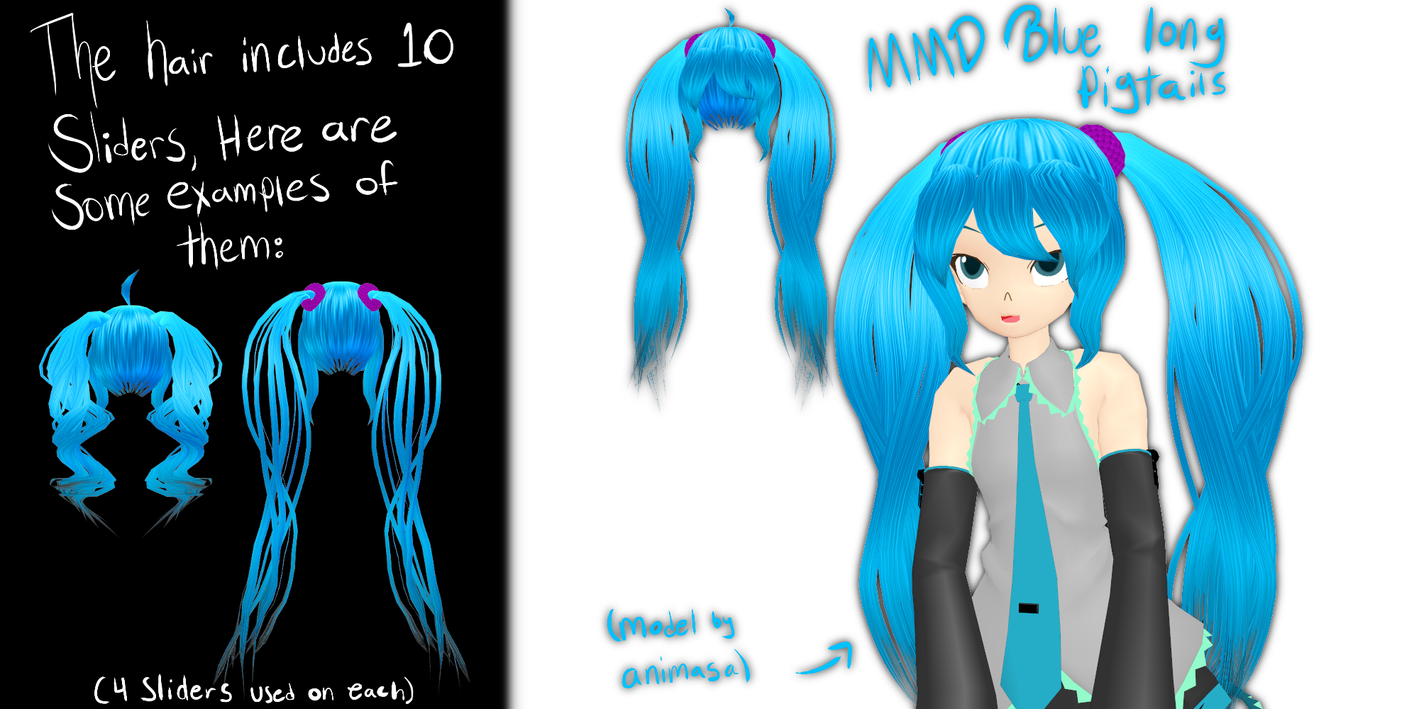 MMD Blue Long Pigtails (with sliders)