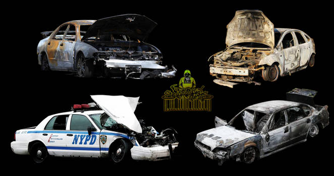 Burnt out cars and a destroyed US police car png