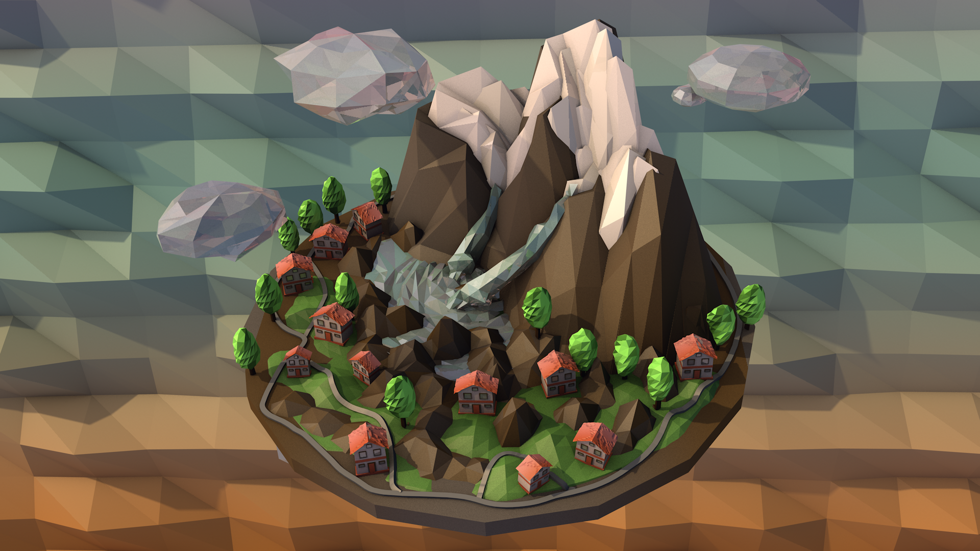 Low-Poly Mountain Island top view