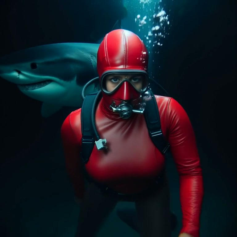Meeting a great white shark in red latex by IronMasks on DeviantArt