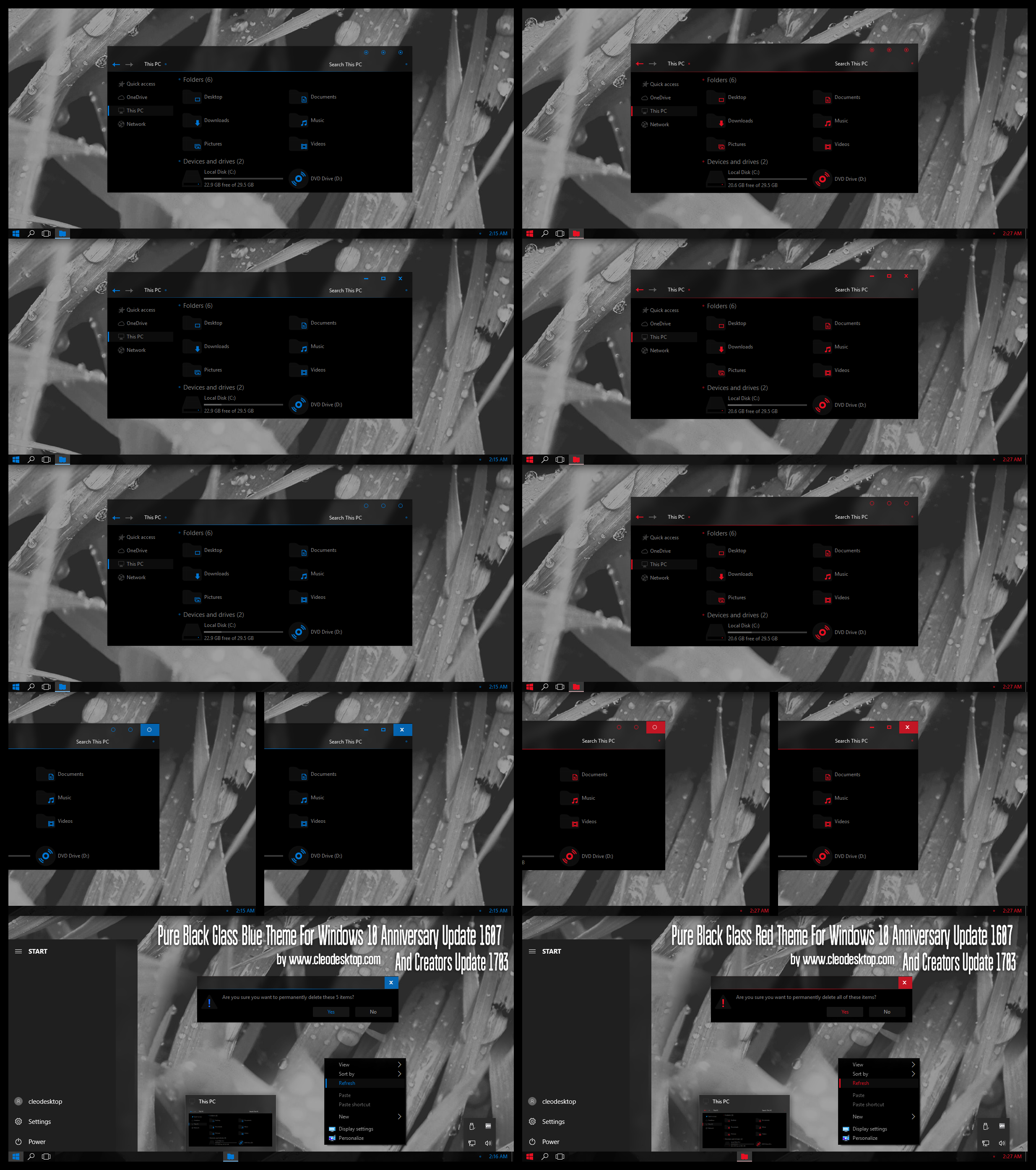 Pure Black Glass Blue, Red Theme Win10 Creators