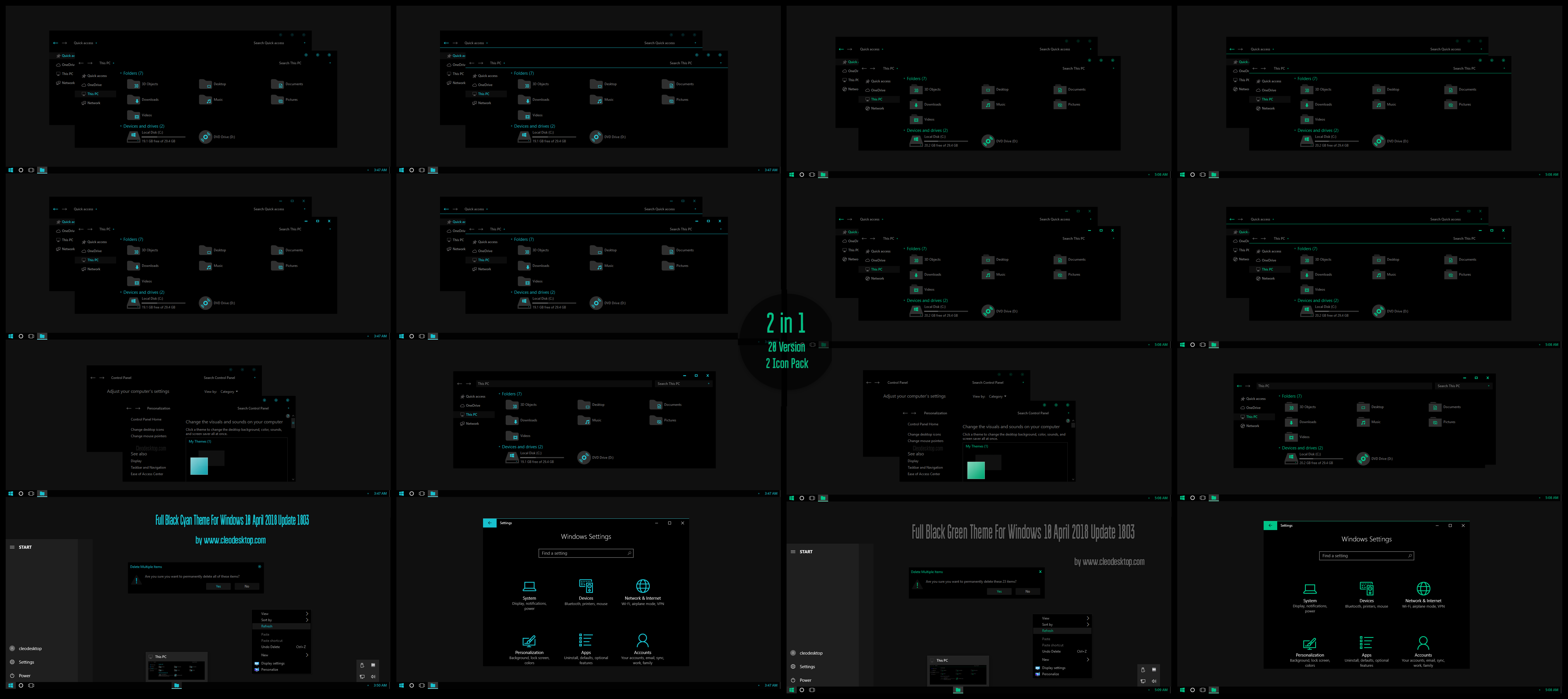 Full Black Cyan and Green Theme Win10 April 2018