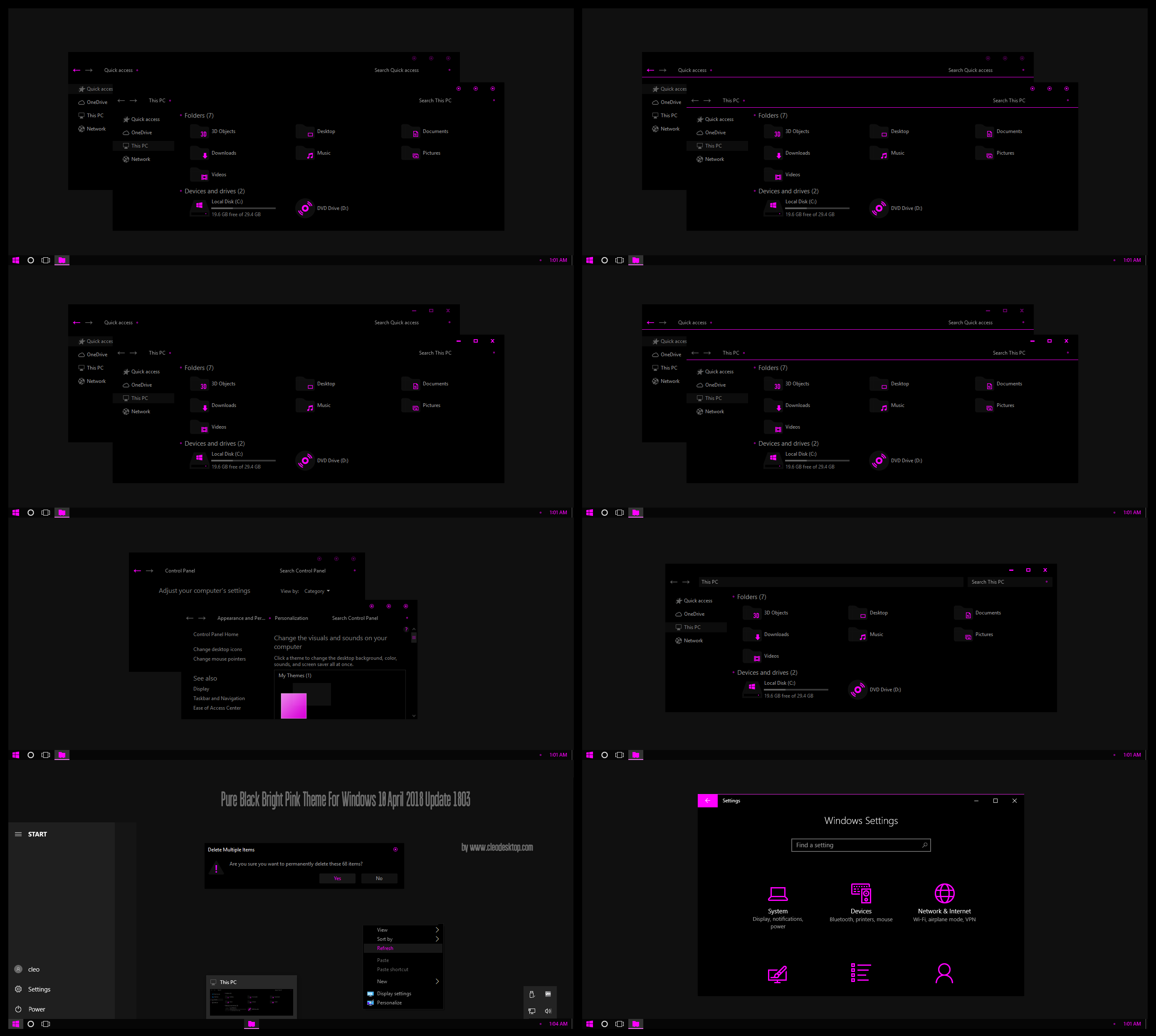 Pure Black Bright Pink Theme Win10 April 2018