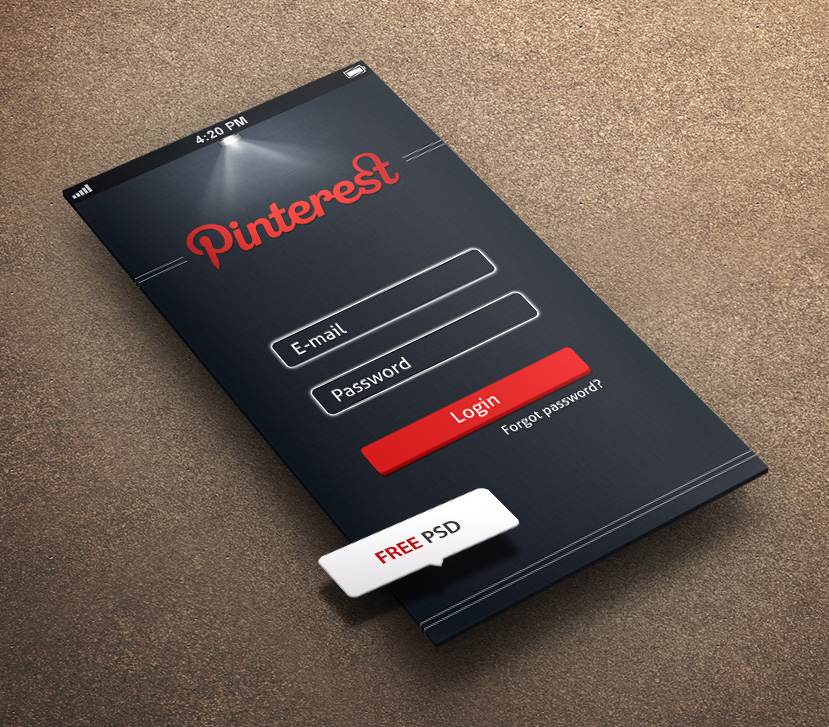 Pintrest Login for iPhone 5 Retina Ready FREE PSD