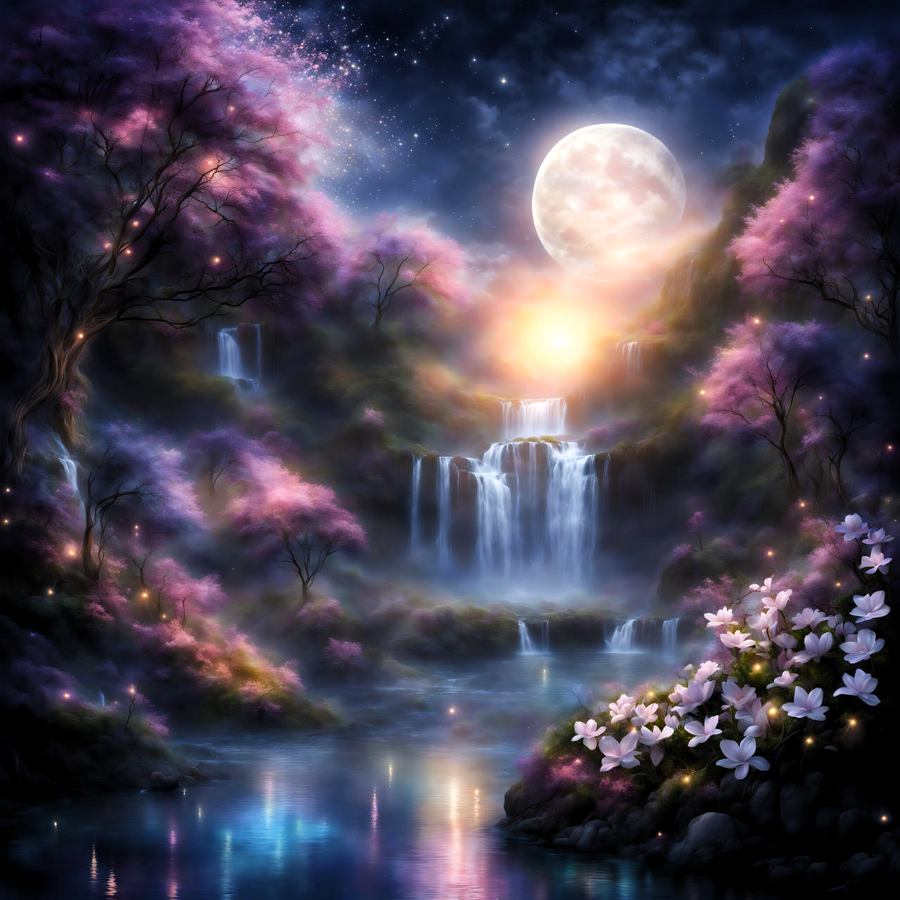 Floral moonlit waterfall dream by Dreamworkart on DeviantArt