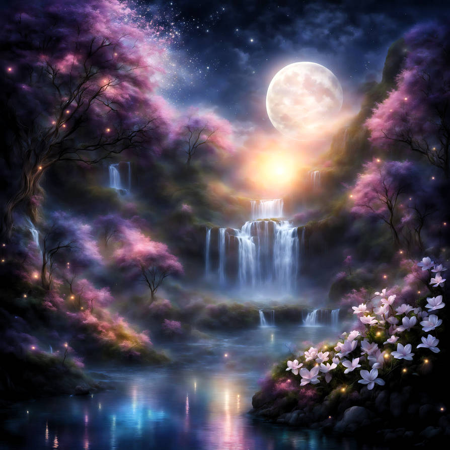 Floral moonlit waterfall dream by Dreamworkart on DeviantArt