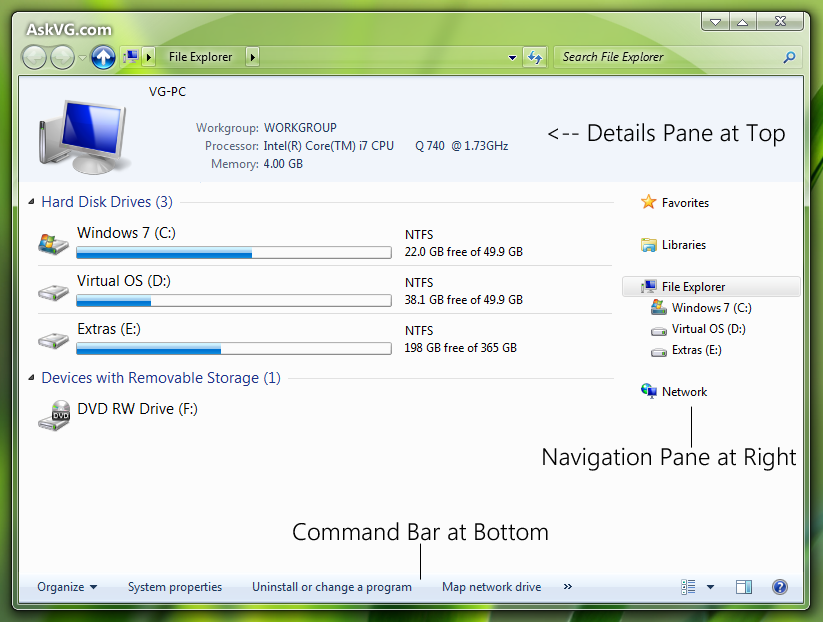 Move Details Pane,Command Bar,Nav Pane in Explorer