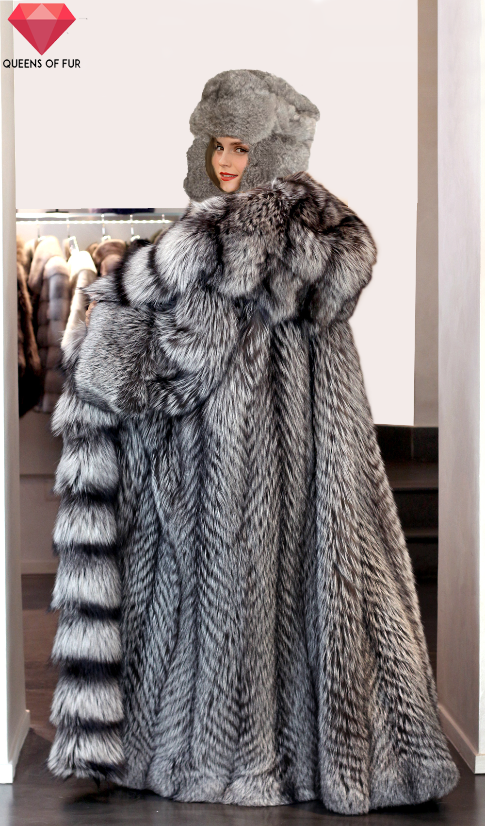 Emma Watson in silver fox fur coat and hat 2 by QueensOfFur on DeviantArt