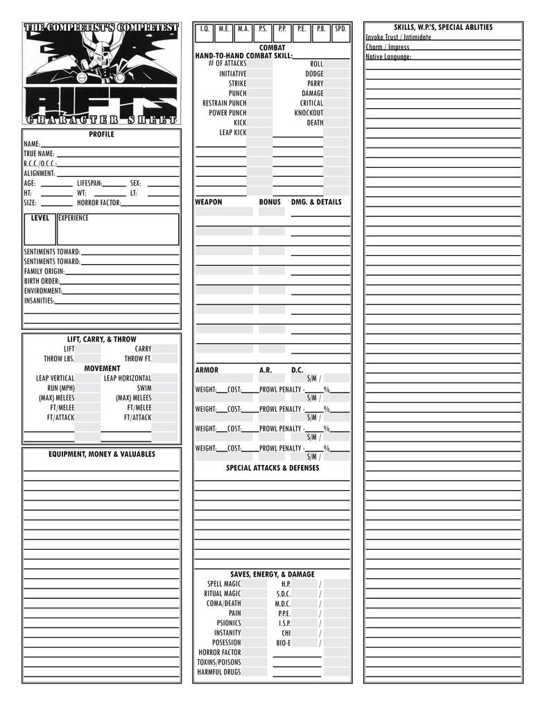 The Completist's Complete RIFTS Character Sheet by HRSegovia on DeviantArt