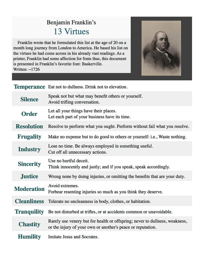 Benjamin Franklin's 13 Virtues (Printable) by asht0n112358 on DeviantArt