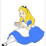 Alice sits holds tea cup