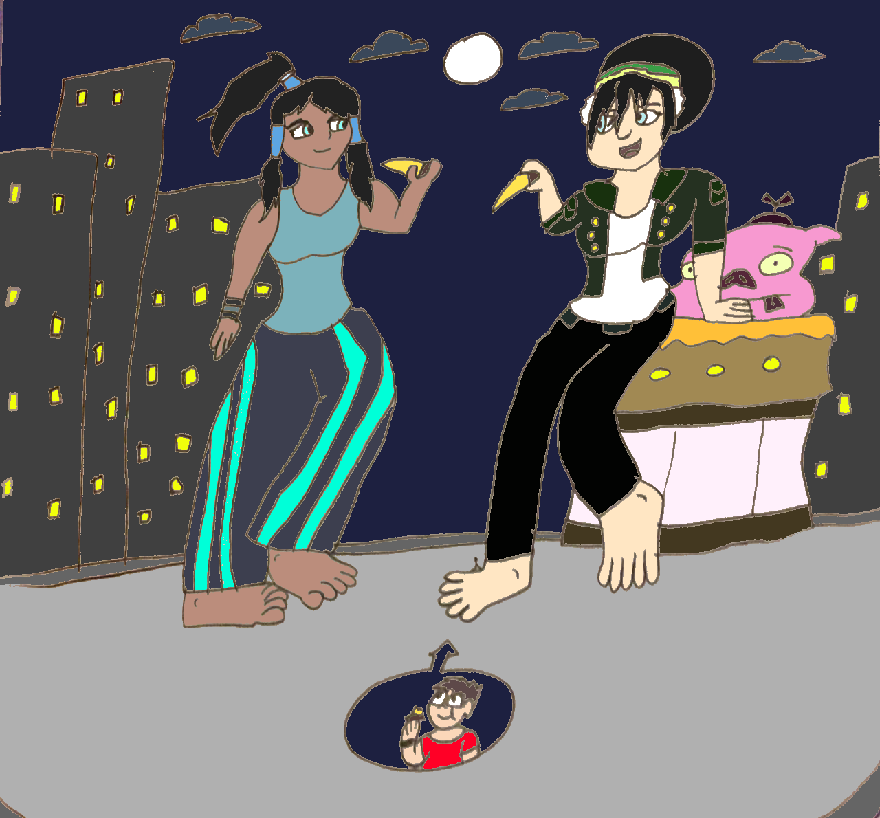 Pizza Night With Giantess Korra and Toph by SuperSaiyanPlusUltra on