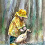 Girl and Goose . Funny rain watercolor painting