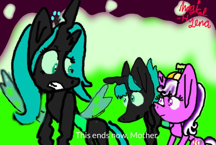 Screwball and Mothball VS. Queen Chrysalis by MagicalHyenaFanArt on