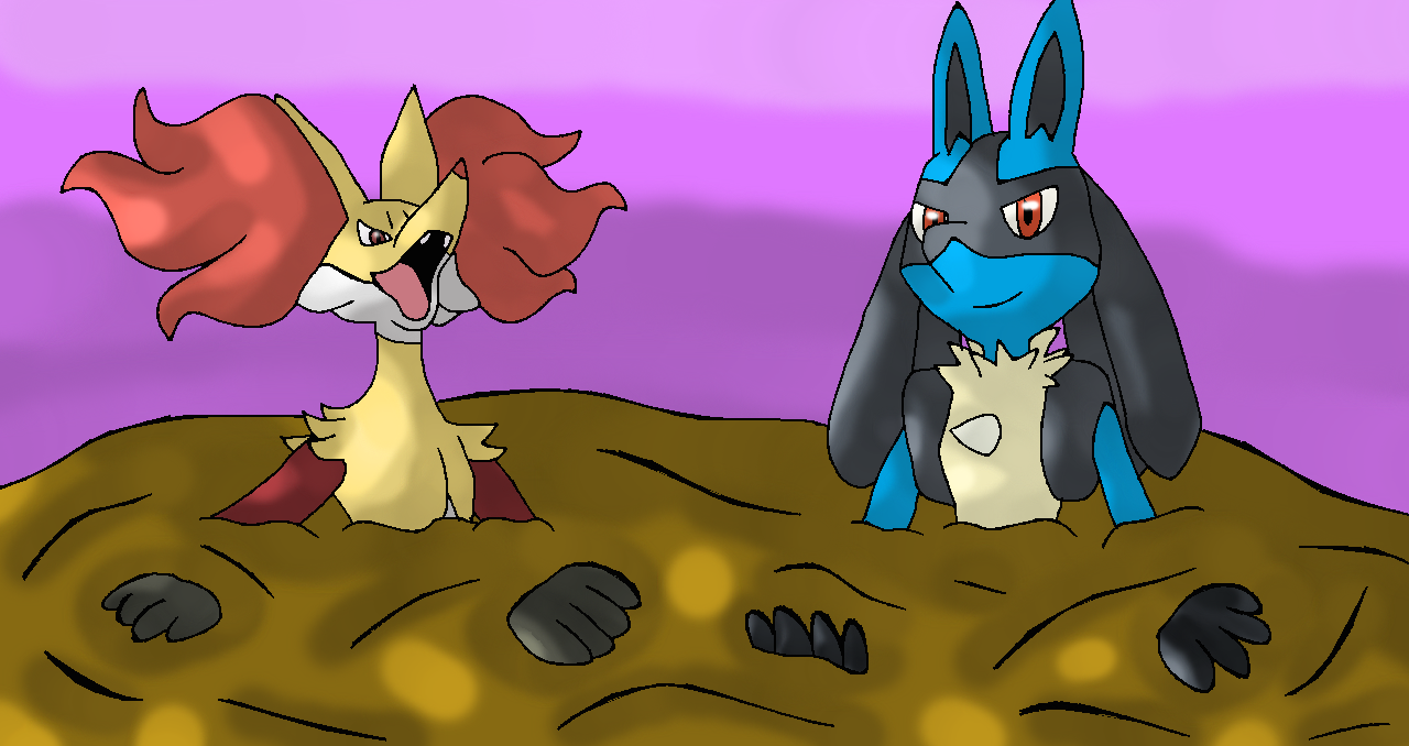 Lucario and a Delphox having fun in Mud by Mojo1985 on DeviantArt