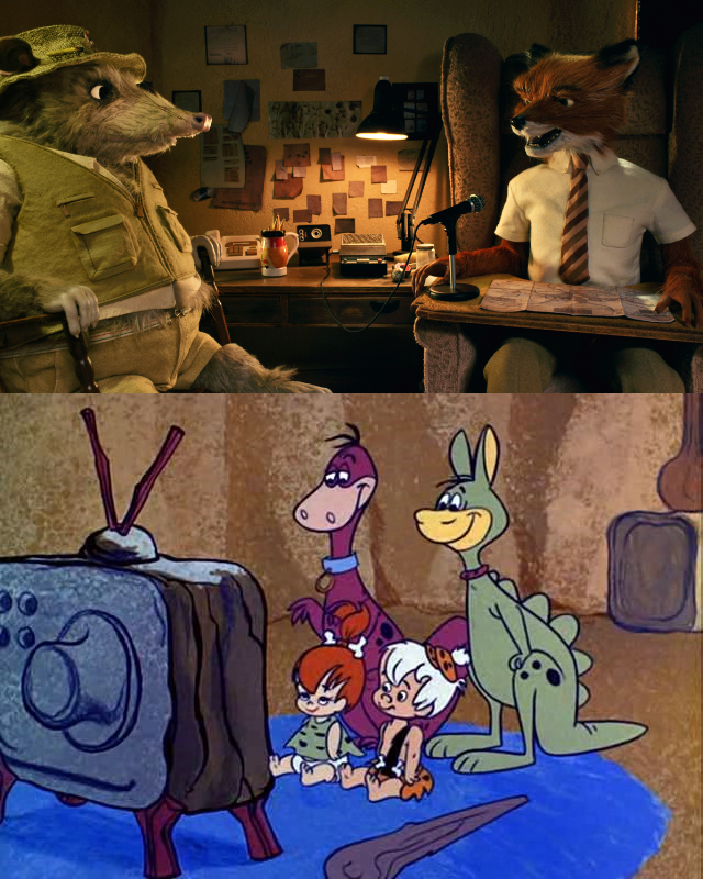 Pebbles, Bamm-Bamm, Dino, and Hoppy watching FMF