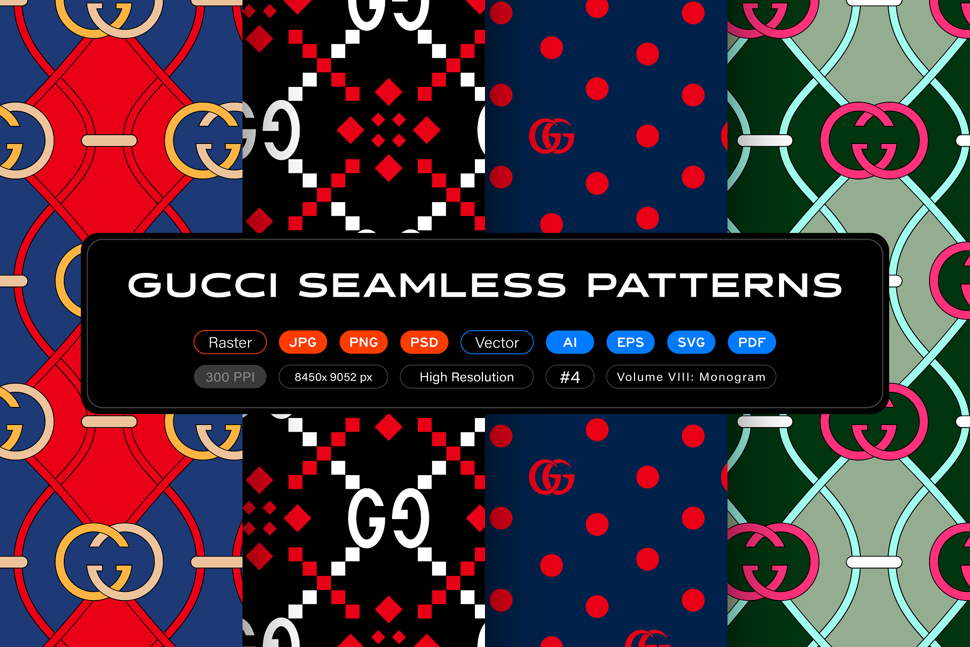 Louis Vuitton and Gucci monogram patterns + Color variants