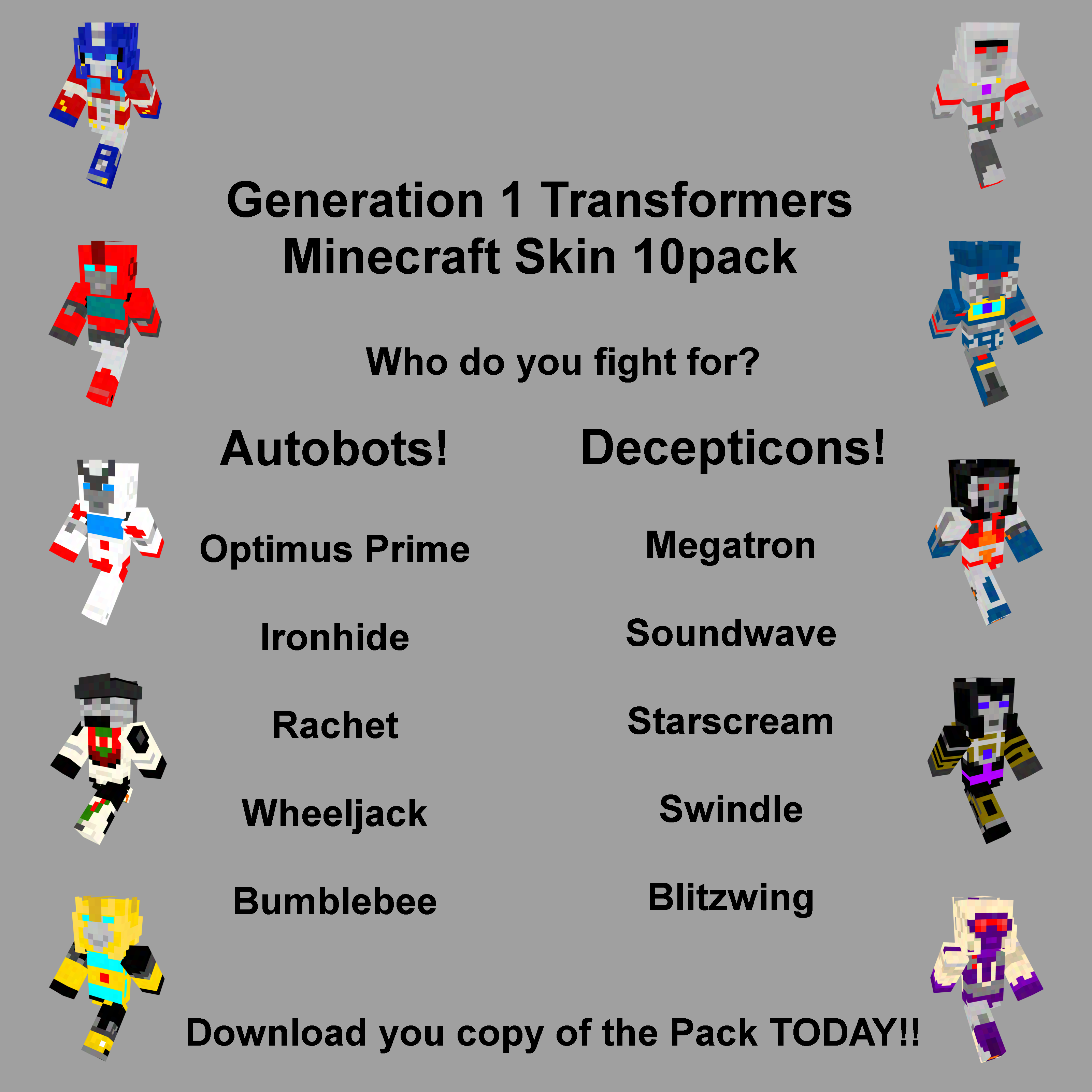 Generation 1 Transformers Minecraft Skin 10Pack