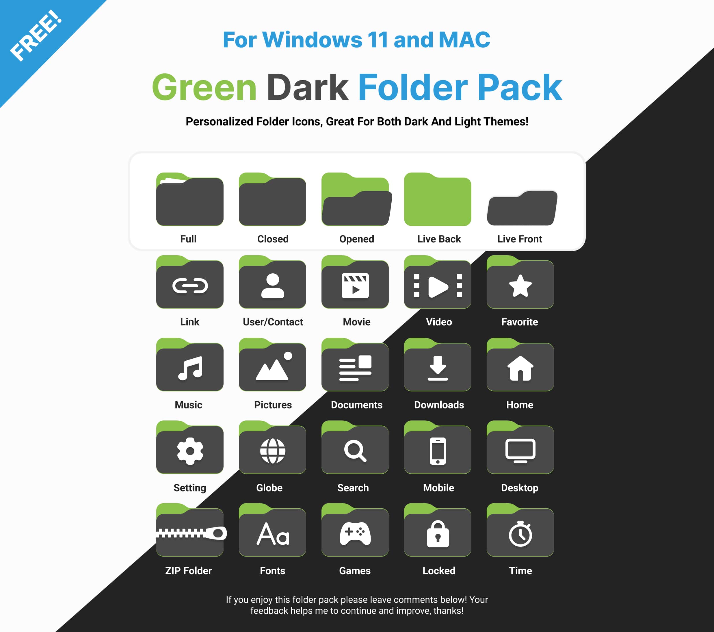 FREE Windows 11 / MAC Green BLK Folder Pack Icons!