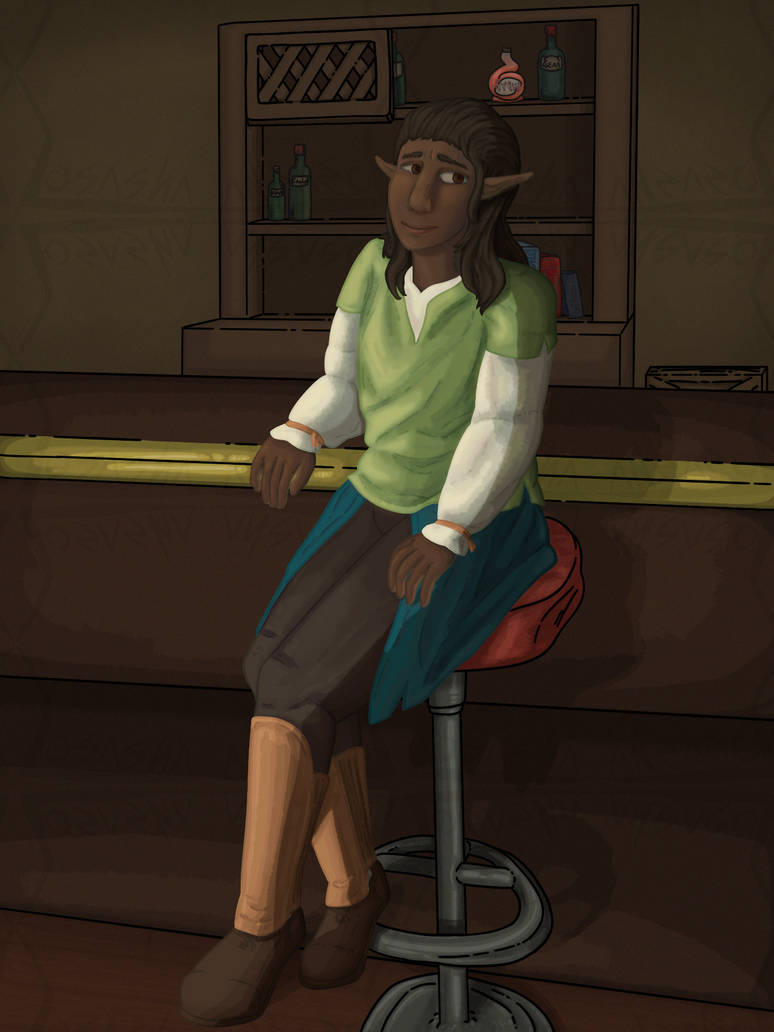 Elf at the tavern, leaning on barstool by Amethyst-Wolf-Art on DeviantArt