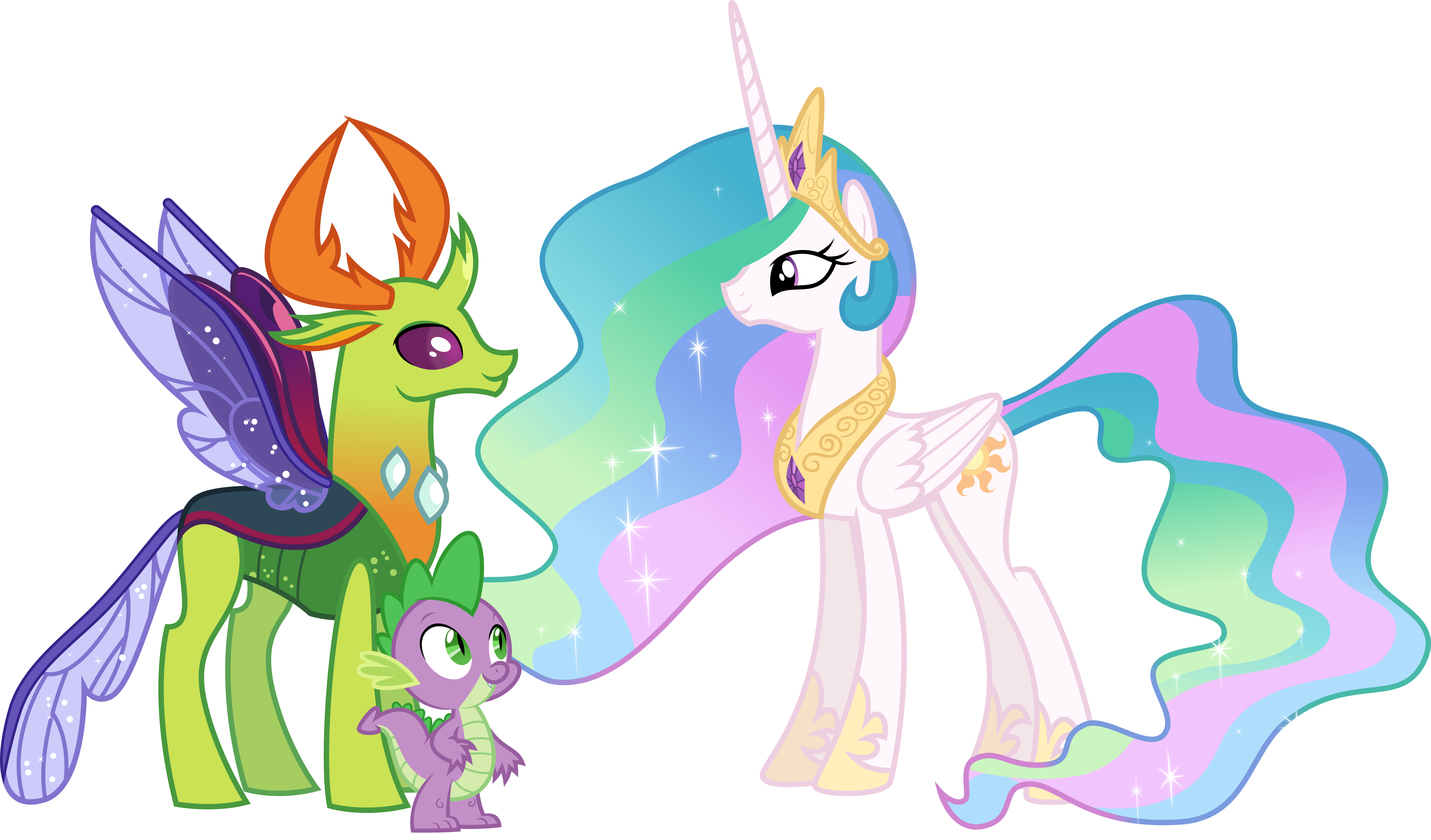 King Thorax, Princess Celestia, and Spike