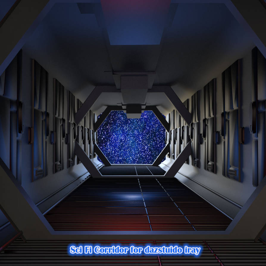 Стационарное пространство. Космический корабль внутри. Интерьер космического корабля будущего. Фантастический коридор. Темное пространство.