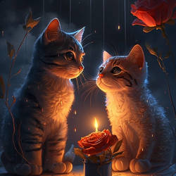 AI: romantic rainy evening with cat love_01