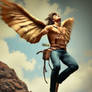 The man jumping up and  flapping his wings to fly