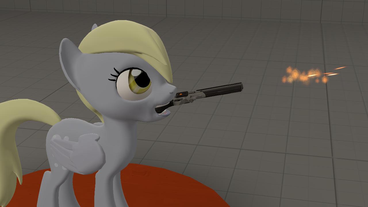 Pony holding and shooting gun in mouth