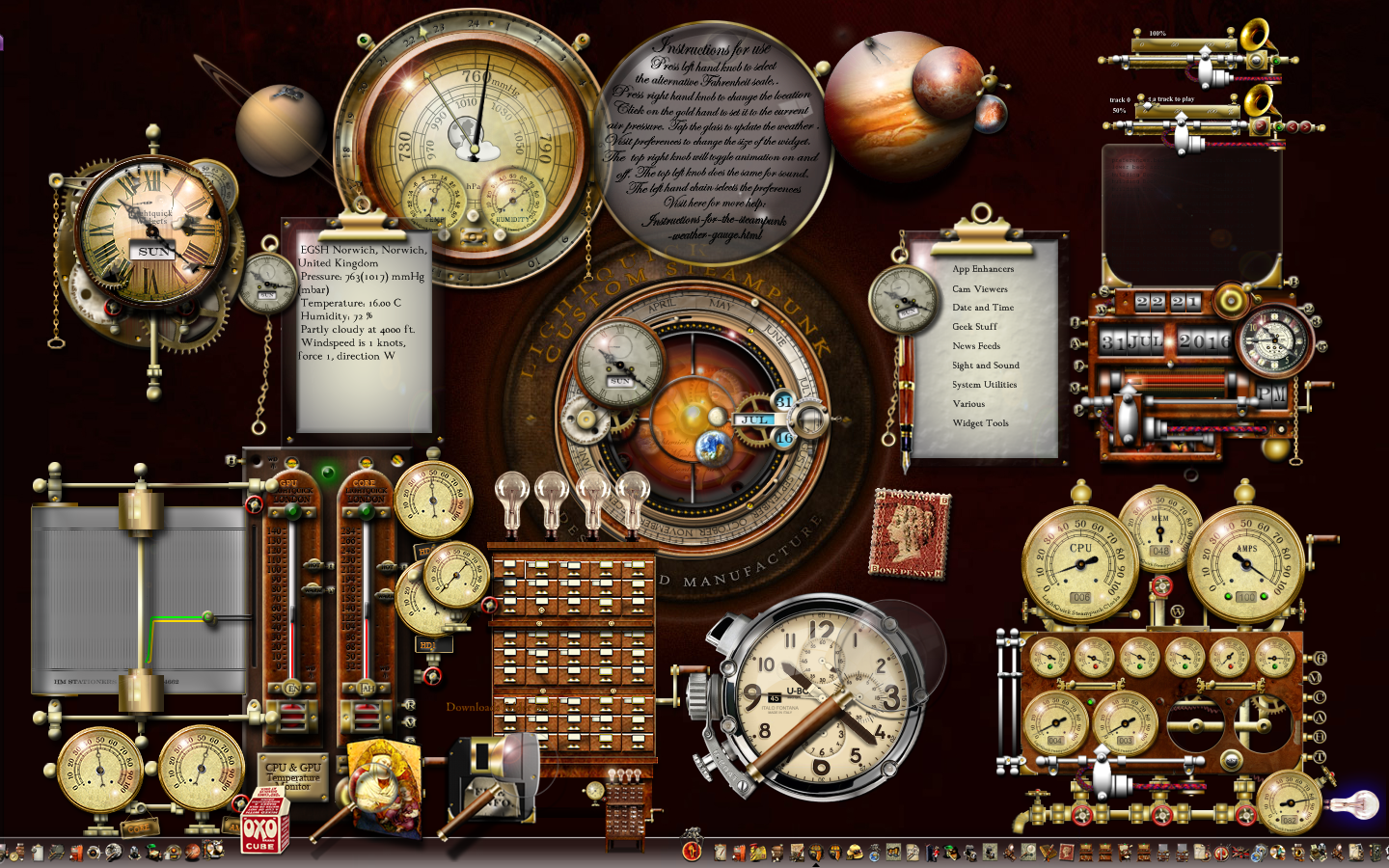 Steampunk XP desktop using widgets and rocketdock