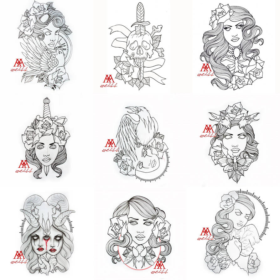 tattoo outlines 9 pcs pack part 2 free download by MWeiss-Art on DeviantArt