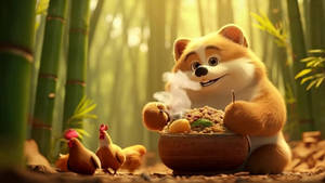 Adorable dog holding a large bowl of food