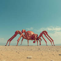 Giant red hairy spider walking over beach