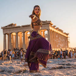 Woman dancing bellydance in front of Parthenon.