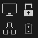 Icons: Screen, Battery, Lock, Open Network