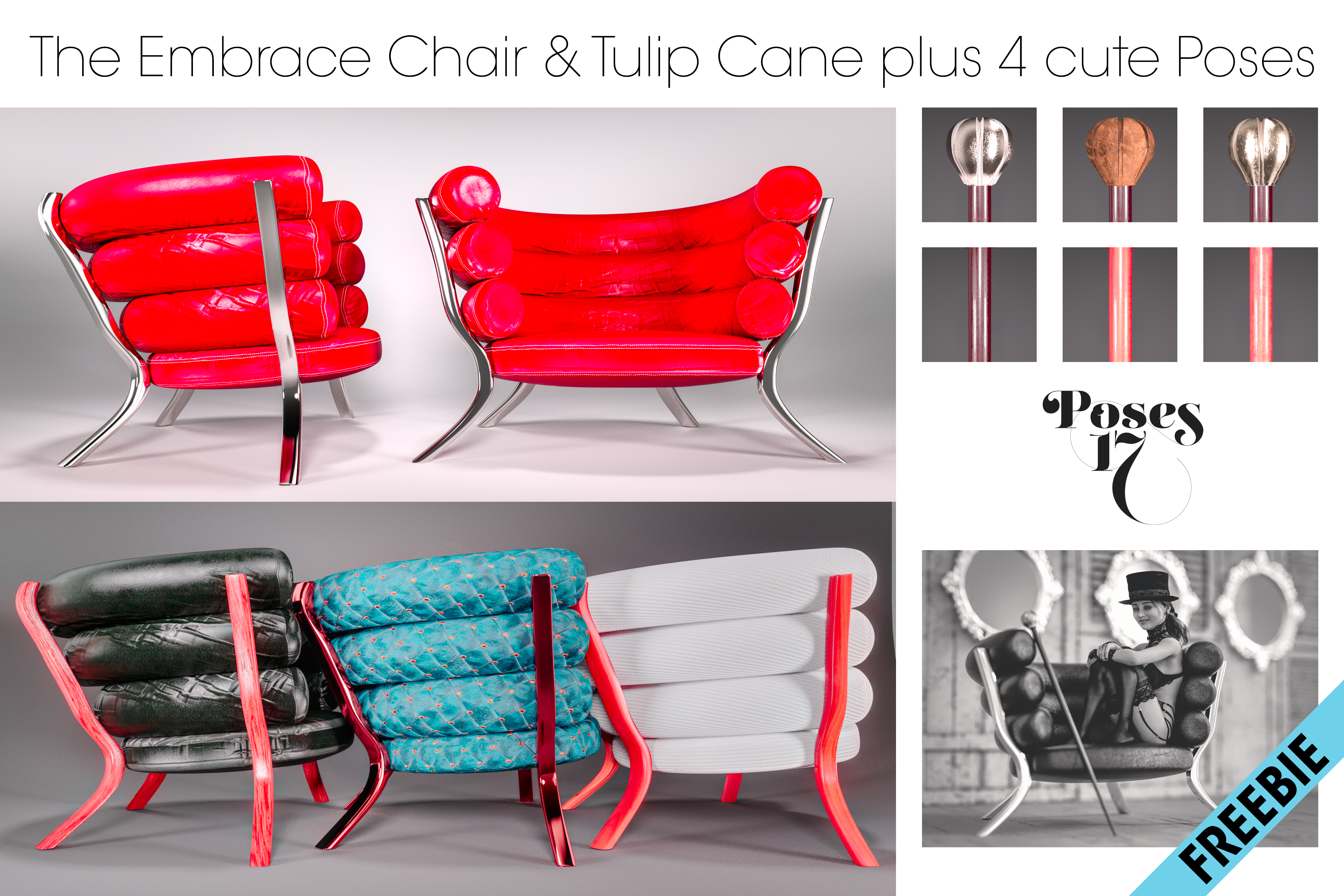 Product image with chair, textures and posed figure