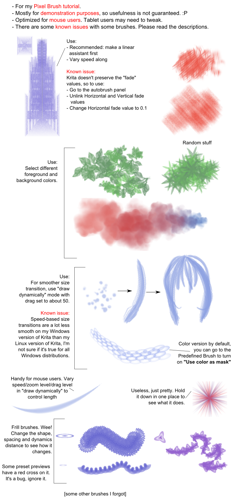 Examples for the Krita pixel brush tutorial