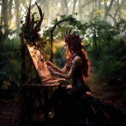 Zyra creating a painting, in forest