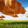 Giant croissants fly in sky above the field