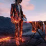 Model man in hot lava outfit, ironing. Ai video