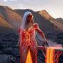 Model woman in hot lava dress, ironing cloth
