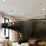Guy rides tyrannosaurus in apartment. Ai video