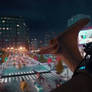People ride dinosaurs in city. Ai video trailer
