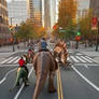 People ride dinosaurs on city's street. Ai video