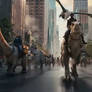 People ride dinosaurs on city's street. Ai video