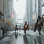 People ride dinosaurs on city's street. Ai video