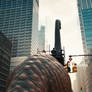 People ride dinosaurs on city's street. Ai video