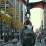 People ride dinosaurs on city's street. Ai video